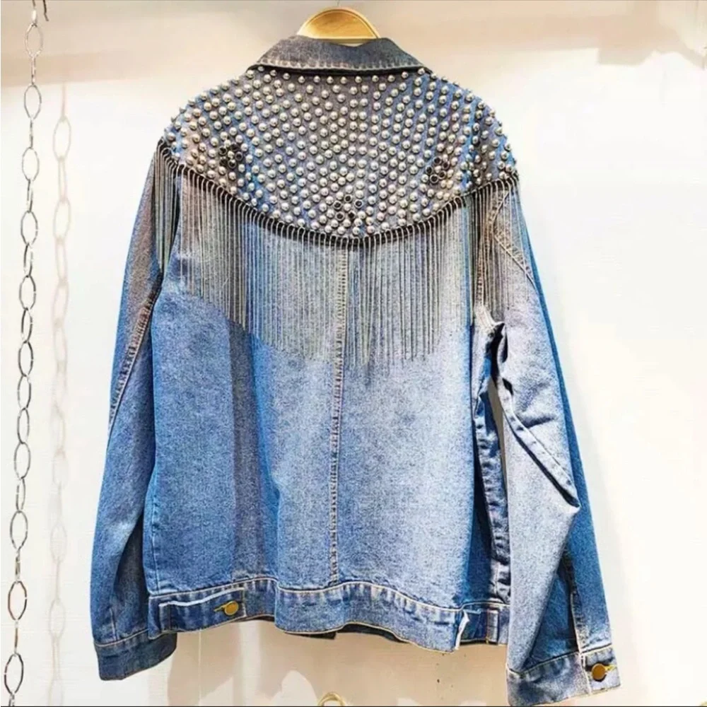 Blue Oversized Studded Chain Fringe Denim Jacket - Picture 2 of 6